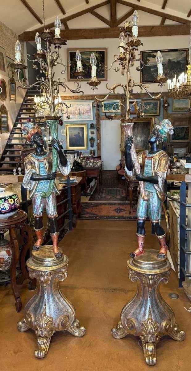 Paire De Nubiens Porte Torchères En Bois Polychrome 200 Cm
