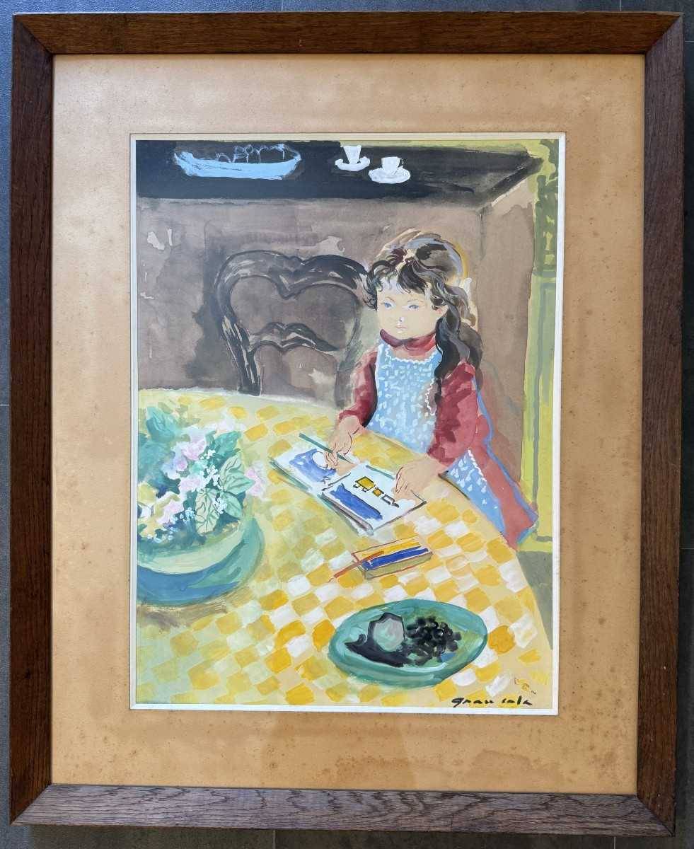 Aquarelle Grau-Sala jeune fille au tablier bleu dessinant
