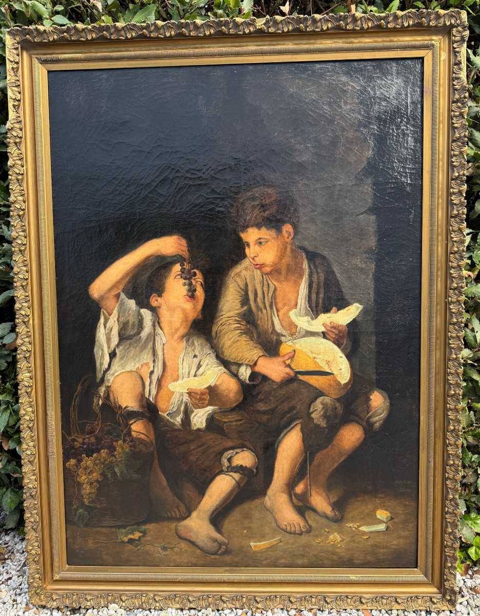 tableau enfants mangeant du melon et du raisin par Murillo copie de Aug Molter vers 1840.145x105 cm