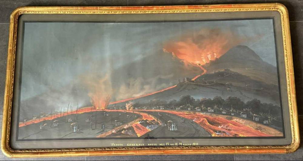 Gouache napolitaine éruption du Vésuve de 1855 souvenir du grand tour 98,5 cm.