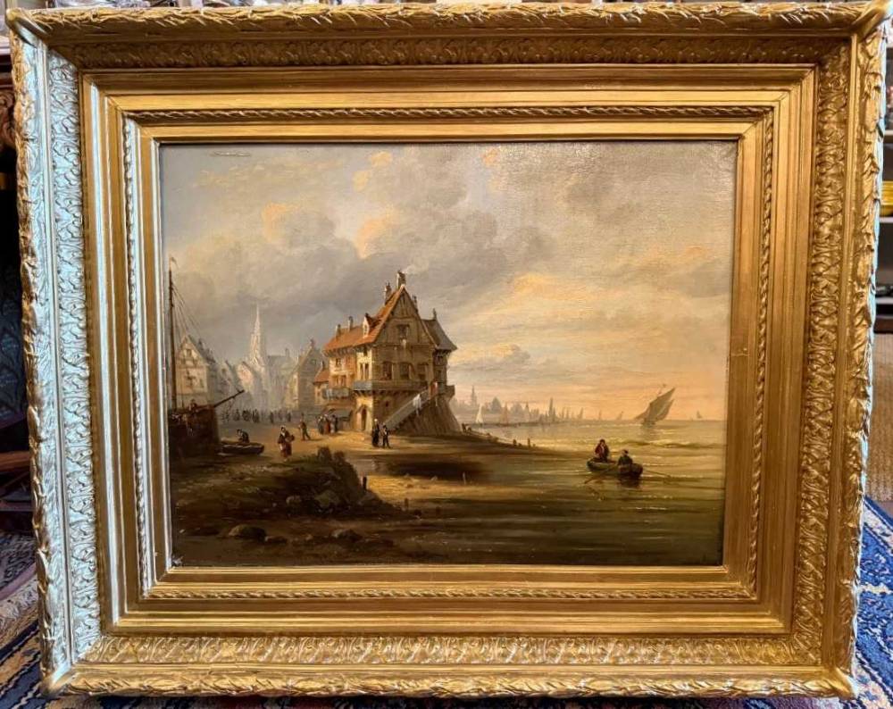 Grand tableau école normande  marine  ville côtière animée début XIXème 91 x 69 cm.