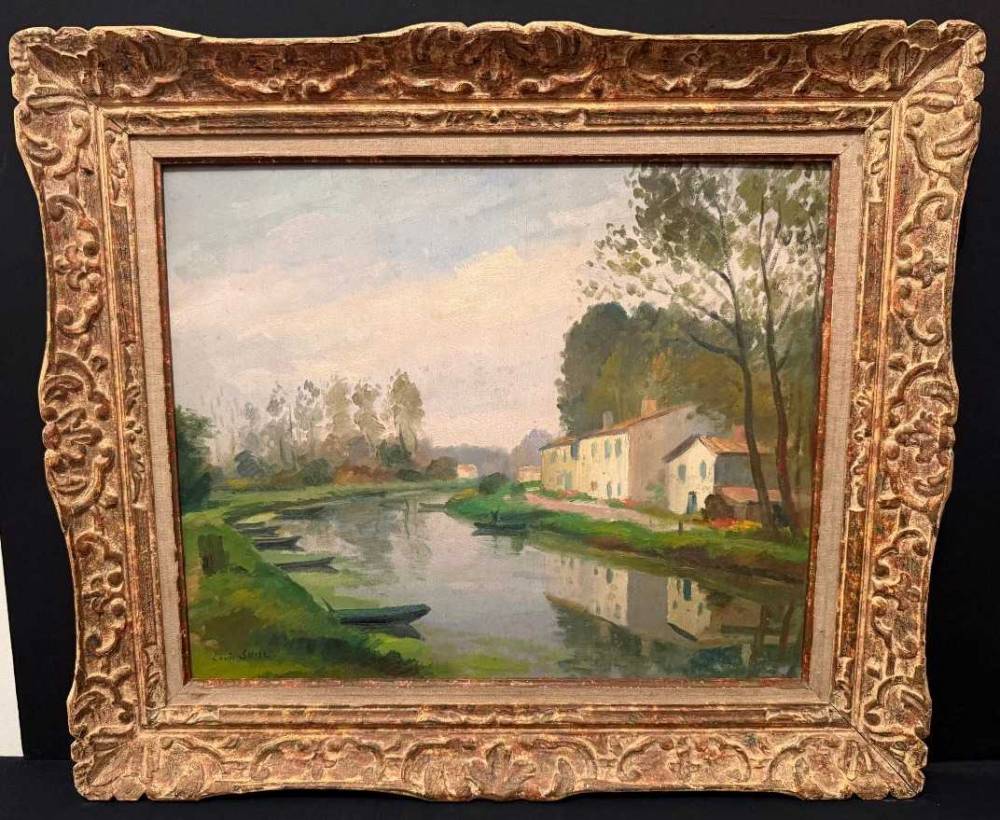 Louis Suire grand tableau maisons fleuries en bord de rivière du marais poitevin à Coulon.